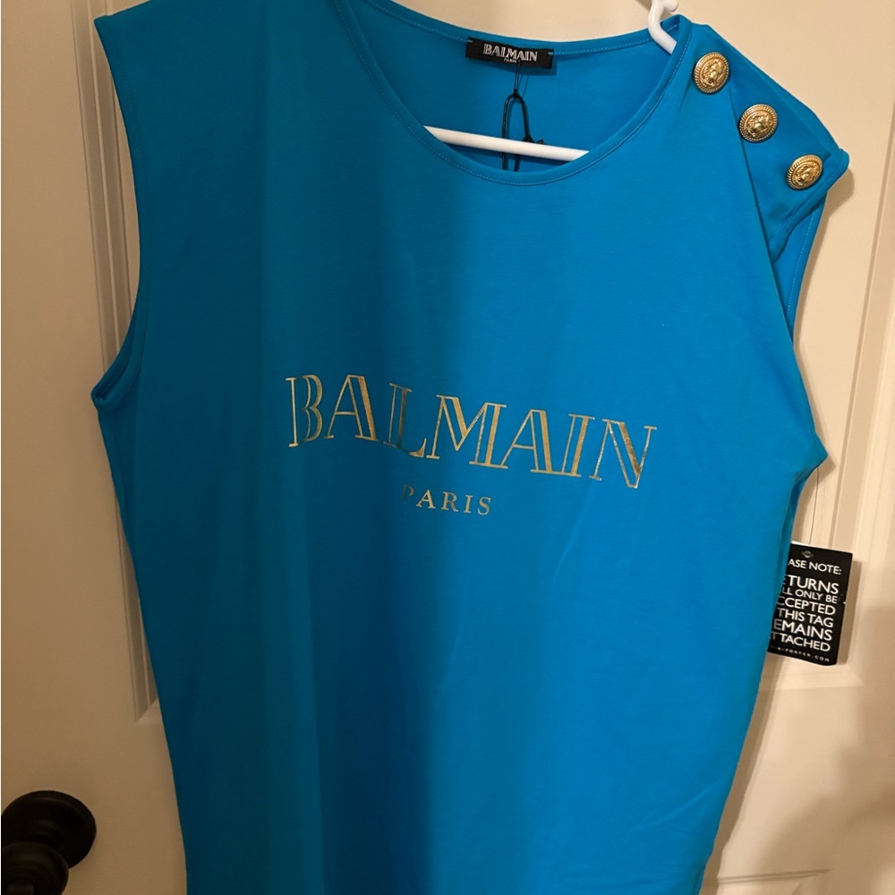 Balmain Turquoise Muscle Tee with Gold Accents